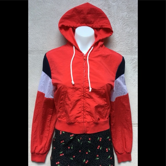 John Galt BRANDY MELVILLE Nylon Hoodie, Red, White - Picture 1 of 8